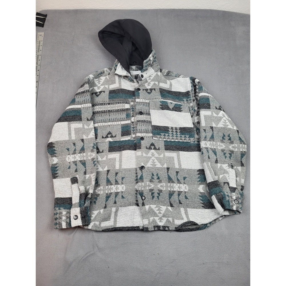 Zara Aztec Flannel Shirt Boys 11 12 152cm Gray Hoodie Midweight Snap Button Warm